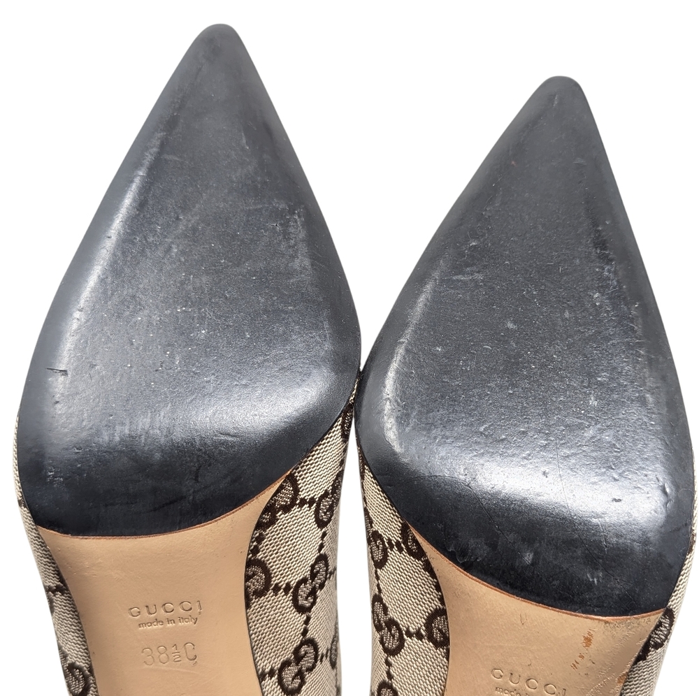 Gucci Signature Calf High Pointed Brown & Beige Monogram Heeled Boots Sz EU 38.5 - Picture 10 of 12